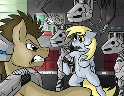 Size: 900x700 | Tagged: safe, artist:shimazun, derpy hooves, doctor whooves, time turner, cyber pony, cyberman, cyborg, earth pony, pegasus, pony, doctor whooves and assistant, g4, crossover, derpy hooves is not amused, doctor who, doctor whooves is not amused, duo, female, mare, ponified, the doctor