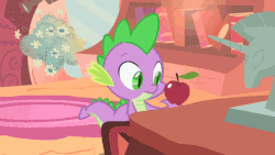 Size: 600x338 | Tagged: safe, screencap, spike, g4, owl's well that ends well, animated, apple, food, male, saddle, solo