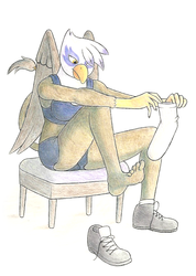 Size: 674x946 | Tagged: safe, artist:matthew-the-mouse, gilda, griffon, anthro, plantigrade anthro, g4, barefoot, clothes, feet, female, shoes, socks, solo, traditional art