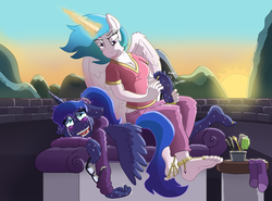 Size: 1200x889 | Tagged: safe, artist:caroo, princess celestia, princess luna, anthro, plantigrade anthro, g4, anklet, barefoot, blushing, brush, chains, clothes, comb, couch, crying, drool, feet, female, fetish, floppy ears, foot fetish, fork, glasses, hoodie, laughing, magic, ponytail, socks, soles, sunrise, sweat, tears of laughter, tickle torture, tickling, toe ring, twitching