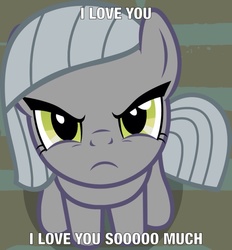 Size: 743x800 | Tagged: safe, artist:badumsquish-edits, edit, limestone pie, earth pony, pony, g4, female, frown, i love you, image macro, limetsun pie, looking at you, looking up, looking up at you, mare, meme, solo, tsundere