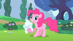 Size: 1280x720 | Tagged: safe, screencap, pinkie pie, baby cakes, g4, cloud, diaper, female, outdoors, solo
