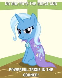 Size: 640x800 | Tagged: safe, artist:badumsquish-edits, edit, trixie, pony, unicorn, g4, :t, cape, caption, clothes, female, frown, glare, looking at you, mare, meme, pouting, sitting, solo, time out, trixie's cape