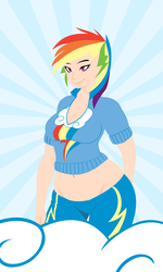 Size: 3000x5007 | Tagged: safe, artist:alcesmire, rainbow dash, human, g4, belly button, breasts, busty rainbow dash, cleavage, clothes, cloud, female, humanized, midriff, pants, shirt, solo, sweater, wide hips