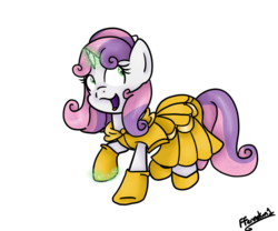 Size: 1024x853 | Tagged: safe, artist:fennelynthefennekin1, sweetie belle, g4, beauty and the beast, belle, clothes, crossover, dress, female, magic, namesake, open mouth, pun, shoes, simple background, solo, transparent background, visual pun