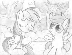 Size: 1096x845 | Tagged: safe, artist:felixisrose, rainbow dash, scootaloo, g4, monochrome, sketch, traditional art