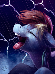 Size: 668x900 | Tagged: safe, artist:tsitra360, rainbow dash, pony, g4, eyes closed, female, lightning, mare, open mouth, rain, solo, speedpaint, tongue out, wet
