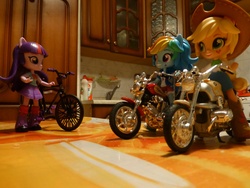 Size: 1296x972 | Tagged: safe, applejack, rainbow dash, twilight sparkle, equestria girls, g4, bicycle, biker, bmw, clothes, doll, equestria girls minis, eqventures of the minis, irl, motorcycle, photo, skirt, toy