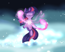 Size: 1280x1024 | Tagged: safe, artist:impydoo, twilight sparkle, alicorn, pony, g4, magical mystery cure, alicornified, artificial wings, ascension realm, augmented, cloud, eyes closed, female, magic, magic wings, princess celestia's special princess making dimension, race swap, scene interpretation, smiling, solo, wings