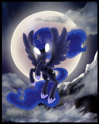Size: 2400x3000 | Tagged: safe, artist:impydoo, princess luna, g4, female, flying, glowing eyes, high res, moon, night, solo