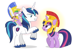 Size: 1040x700 | Tagged: safe, artist:dm29, shining armor, spike, twilight sparkle, alicorn, dragon, pony, unicorn, g4, dragons riding ponies, female, helmet, mare, rearing, riding, simple background, sparkle siblings, spike riding shining armor, sword, transparent background, trio, twilight sparkle (alicorn), weapon