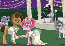 Size: 3060x2156 | Tagged: safe, artist:lostinthetrees, limestone pie, marble pie, maud pie, pinkie pie, oc, oc:ben herrin, g4, canon x oc, clothes, dress, female, high res, male, marriage, microphone, shipping, straight, wedding