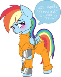 Size: 721x908 | Tagged: safe, artist:k-away, rainbow dash, pegasus, pony, g4, b-f16, bound wings, chains, clothes, embarrassed, female, prison outfit, prisoner, prisoner rd, rainbow dash always dresses in style, shackles, solo