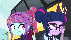 Size: 1280x720 | Tagged: safe, screencap, sci-twi, sour sweet, sunny flare, twilight sparkle, equestria girls, g4, my little pony equestria girls: friendship games, looking back