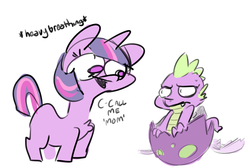 Size: 1047x702 | Tagged: safe, artist:nobody, idw, spike, twilight sparkle, friendship is magic #40, g4, descriptive noise, do not want, egg, filly, heavy breathing, mama twilight, meme, younger