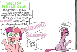 Size: 800x540 | Tagged: safe, artist:nobody, oc, oc only, oc:gloomy, oc:marker pony, 4chan, dialogue, mlpg, parody, sesame street, the monster at the end of this book