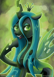 Size: 600x849 | Tagged: dead source, safe, artist:piripaints, queen chrysalis, changeling, changeling queen, g4, crown, female, jewelry, regalia, smiling, solo