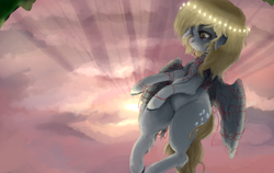 Size: 1419x898 | Tagged: safe, artist:colorlesscupcake, derpy hooves, pegasus, pony, g4, female, floppy ears, flying, mare, sad, solo