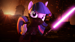 Size: 1280x720 | Tagged: safe, artist:dazzion, twilight sparkle, alicorn, pony, g4, 3d, apocalyptic, crossover, female, fire, force, jedi, lightsaber, mare, ruins, solo, source filmmaker, star wars, weapon