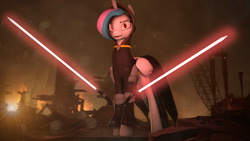 Size: 3840x2160 | Tagged: safe, artist:dazzion, princess celestia, alicorn, pony, g4, 3d, apocalyptic, cape, clothes, dark, female, fire, force, high res, lightsaber, mare, sith, solo, source filmmaker, star wars, weapon