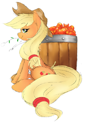 Size: 1280x1810 | Tagged: safe, artist:celine-artnsfw, applejack, g4, apple, barrel, female, food, hat, looking at you, profile, simple background, sitting, solo, straw in mouth, white background