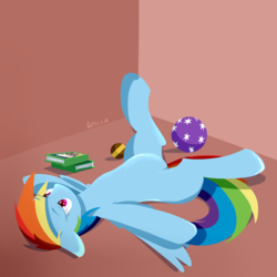 Size: 1500x1500 | Tagged: safe, artist:gndriver, rainbow dash, pegasus, pony, g4, ball, book, bored, female, mare, solo