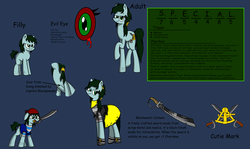 Size: 5041x3000 | Tagged: safe, artist:derpanater, oc, oc only, oc:star charter, pony, fallout equestria, fallout equestria: chumming waters, bandana, clothes, cutie mark, female, filly, green eyes, green mane, mare, reference sheet, sword, weapon