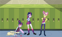 Size: 1024x608 | Tagged: safe, artist:wolfywoods-17, sci-twi, sour sweet, twilight sparkle, equestria girls, g4, my little pony equestria girls: friendship games, abuse, black eye, broken glasses, crying, defending, glasses, protecting, twilight sparkle (alicorn), twilybuse, twolight