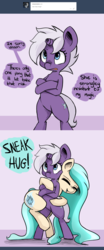 Size: 1344x3216 | Tagged: safe, artist:artguydis, oc, oc only, oc:disastral, oc:floe, crystal pony, pony, unicorn, ask disastral, ask, bipedal, broken horn, crossed arms, dialogue, eyes closed, female, glomp, horn, hug, mare, pink background, question, simple background, sneak hug, sneaky, standing, surprise hug, text, tumblr