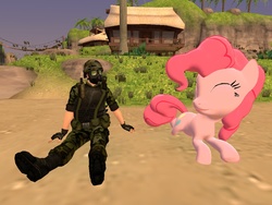 Size: 1024x768 | Tagged: safe, artist:nikoaccampora, pinkie pie, human, g4, 3d, adrian shephard, eyes closed, gas mask, gmod, h.e.c.u., half-life, half-life: opposing force, looking at each other, lying down, mask, prone, relaxing, sitting, smiling, sploot