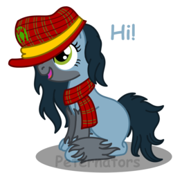 Size: 1100x1100 | Tagged: safe, artist:peternators, oc, oc only, oc:mad munchkin, clothes, female, filly, hat, mad munchkin, scarf, simple background, solo, text, transparent background, younger