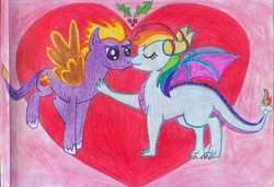 Size: 1005x687 | Tagged: safe, artist:rubythedragon, rainbow dash, dragon, g4, crossover, crossover shipping, dragonified, drawing, female, interspecies, male, ponified, rainbow dragon, shipping, species swap, spyro the dragon, spyro the dragon (series), spyrodash, straight