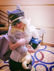 Size: 900x1200 | Tagged: safe, artist:alakittynya, derpy hooves, human, g4, babscon, babscon 2014, cap, clothes, convention, cosplay, costume, hat, hug, irl, irl human, mailpony, photo, plushie