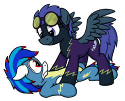 Size: 1872x1516 | Tagged: safe, alternate version, artist:moemneop, oc, oc only, oc:kami, oc:obscurity, pegasus, pony, clothes, goggles, shadowbolts, shadowbolts costume, simple background, transparent background, wonderbolts uniform