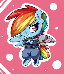 Size: 1537x1781 | Tagged: safe, artist:graphene, rainbow dash, pony, g4, the cutie re-mark, alternate timeline, apocalypse dash, augmented, bipedal, chibi, clothes, crystal war timeline, female, grin, hair over one eye, prosthetic limb, prosthetic wing, scar, solo, torn ear