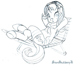 Size: 646x568 | Tagged: safe, artist:brianblackberry, starlight glimmer, pony, unicorn, g4, bottomless, clothes, crossed legs, female, headphones, hoodie, looking at you, mare, monochrome, open mouth, partial nudity, sketch, socks, solo, traditional art, underhoof