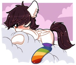 Size: 900x764 | Tagged: safe, artist:psychocat-h, oc, oc only, pegasus, pony, clothes, cloud, cloud hugging, ear piercing, looking at you, one eye closed, piercing, prone, rainbow socks, socks, solo, striped socks