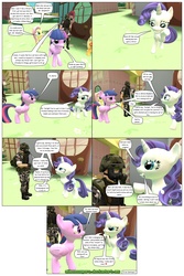 Size: 2133x3200 | Tagged: safe, artist:nikoaccampora, fluttershy, rarity, twilight sparkle, alicorn, human, pony, g4, 3d, adrian shephard, comic, crossover, female, gmod, h.e.c.u., half-life, half-life: opposing force, high res, mare, ponyville, twilight sparkle (alicorn)