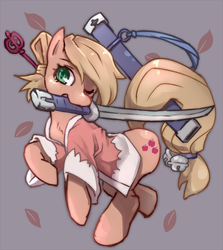 Size: 901x1008 | Tagged: safe, artist:tenyeti, applejack, earth pony, pony, g4, female, katana, leaves, mare, mouth hold, samurai applejack, scabbard, solo, sword, weapon, wink