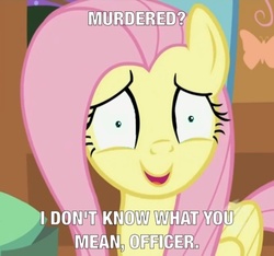 Size: 411x385 | Tagged: safe, edit, edited screencap, screencap, fluttershy, pegasus, pony, g4, caption, female, mare, meme, shrunken pupils, solo