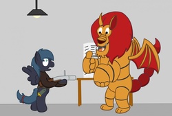 Size: 1280x865 | Tagged: safe, artist:minty candy, oc, oc only, oc:night strike, manticore, pegasus, pony, fallout equestria, fallout equestria: empty quiver, animatronic, grenade launcher, horrified, indoors, m79, screaming, story, table, weapon