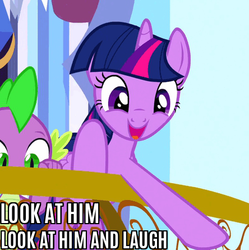 Size: 444x445 | Tagged: safe, screencap, spike, twilight sparkle, g4, caption, happy, image macro, looking down, meme, pointing, reaction image, smiling, text, twilight sparkle (alicorn)