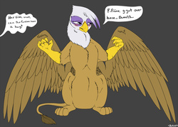 Size: 1250x892 | Tagged: safe, artist:backlash91, gilda, griffon, g4, blushing, cute, dialogue, dweeb, female, fluffy, frown, gildadorable, gildere, glare, looking away, offscreen character, sitting, solo, speech bubble, spread wings, tsundere