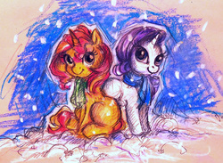 Size: 1000x733 | Tagged: safe, artist:buttersprinkle, rarity, sunset shimmer, pony, unicorn, g4, clothes, duo, female, lesbian, scarf, shipping, snow, snowfall, snowflake, sunsarity, traditional art, younger