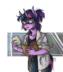 Size: 786x900 | Tagged: safe, artist:lya, twilight sparkle, anthro, g4, book, clothes, female, glasses, kezsüel, lab coat, open mouth, ponytail, roleplaying, solo, standing