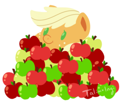 Size: 5000x4210 | Tagged: safe, artist:talimingi, applejack, g4, absurd resolution, apple, chibi, cute, female, food, hatless, jackabetes, missing accessory, pile, simple background, solo, that pony sure does love apples, transparent background