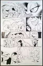 Size: 658x1000 | Tagged: safe, artist:andy price, idw, apple bloom, applejack, fluttershy, pinkie pie, queen chrysalis, rainbow dash, rarity, scootaloo, spike, sweetie belle, twilight sparkle, changeling, changeling queen, dragon, earth pony, pegasus, pony, unicorn, g4, black and white, comic, cutie mark crusaders, female, filly, grayscale, lineart, male, mane seven, mane six, mare, mirror, traditional art