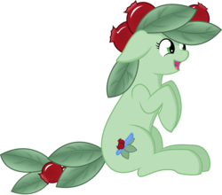Size: 3079x2711 | Tagged: safe, artist:plone, oc, oc only, oc:berry lingo, original species, plant pony, berry, floppy ears, high res, hooves up, leaves, open mouth, raised hoof, simple background, sitting, smiling, solo, transparent background, what has science done