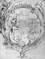 Size: 832x1091 | Tagged: safe, artist:lordspiffy, discord, fluttershy, bird, butterfly, rabbit, g4, english, flower, flower in hair, forest, modern art, monochrome, nouveau, outdoors, pencil drawing, river, stream, traditional art, tree