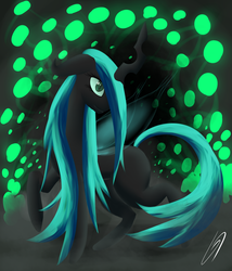 Size: 1500x1750 | Tagged: dead source, safe, artist:thegraid, queen chrysalis, changeling, changeling queen, g4, cave, egg, female, solo